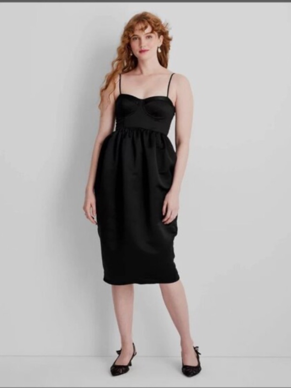 Black Satin Sweetheart Midi Dress with Spaghetti Straps